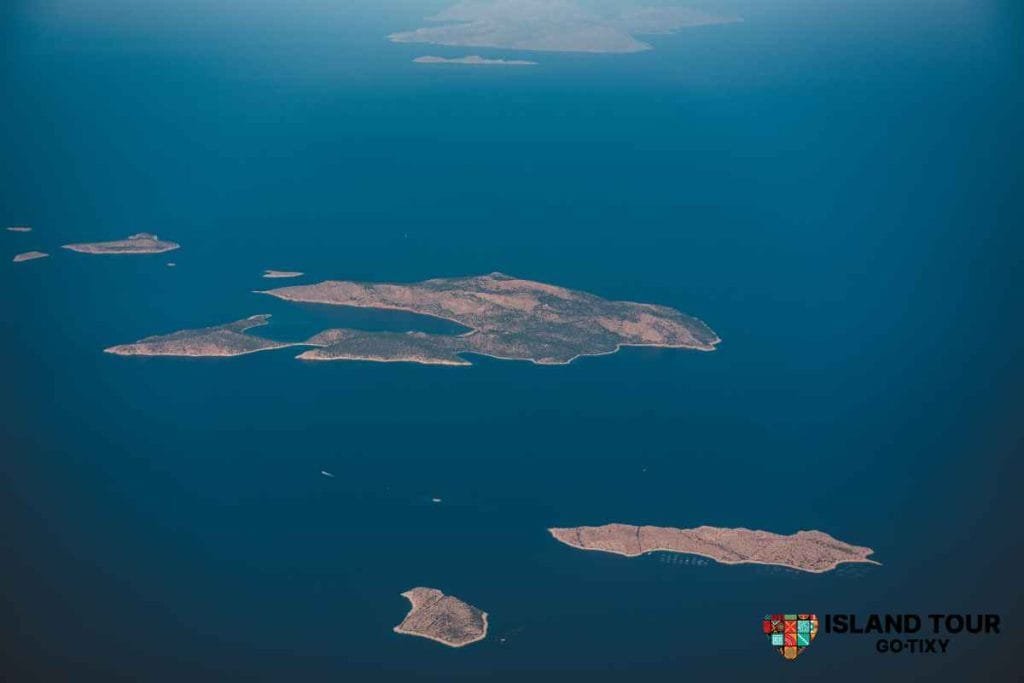 Aerial view of Alimia Island and surrounding islets during Alimia Island Tours in the Aegean Sea.