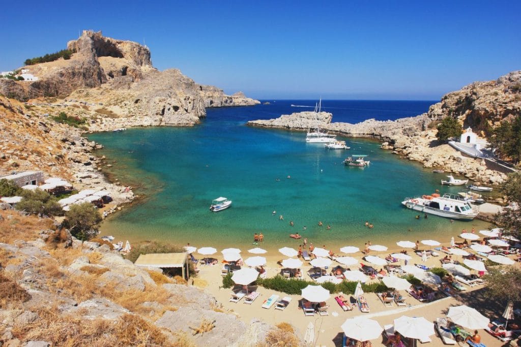 St Paul’s Bay in Lindos visited during a Private Boat Hire in Rhodes.