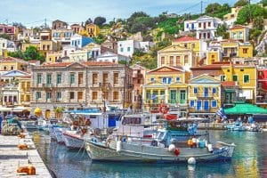 Symi Harbour visited on a day trip from Rhodes in September.