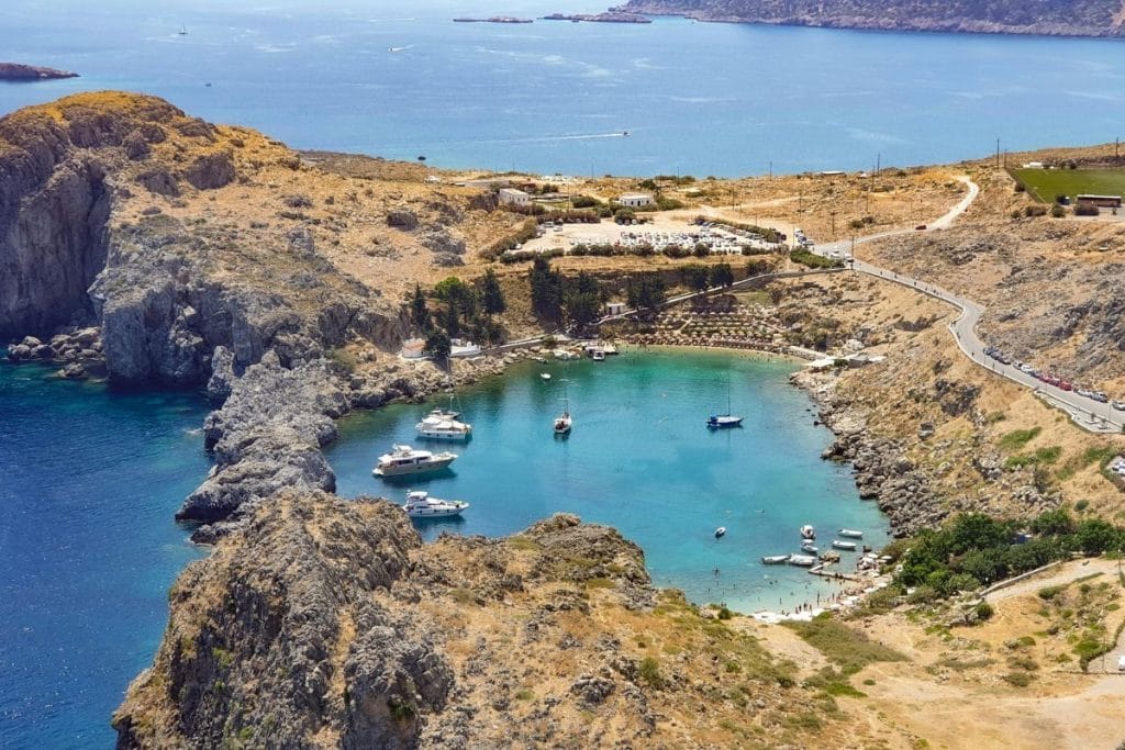 Aerial view of Saint Paul's Bay near Lindos served by Rhodes transfers.