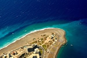 Aerial view of Prasonisi beach and peninsula during a half-day in Rhodes adventure.